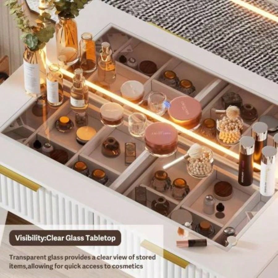 Vanity Desk with with Mirror and Lights, Makeup Vanity Table with Glass Top and DrawersCushioned Stool, Dressing Table with Drawers, Bedroom Makeup Table Women White - Glass top