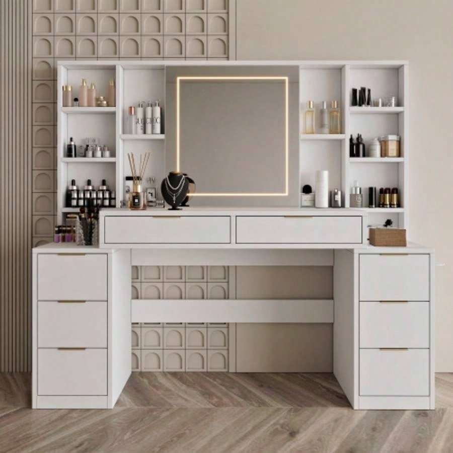 Makeup Vanity Desk with Mirror and Lights, 59 Large Vanity Table with 8Drawers Open Storage Shelves, Brightness Adjustable, Dressing Table Bedroom, Women Girl