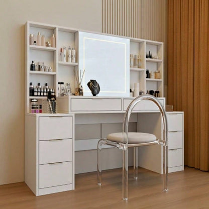 Makeup Vanity Desk with Mirror and Lights, 59 Large Vanity Table with 8Drawers Open Storage Shelves, Brightness Adjustable, Dressing Table Bedroom, Women Girl