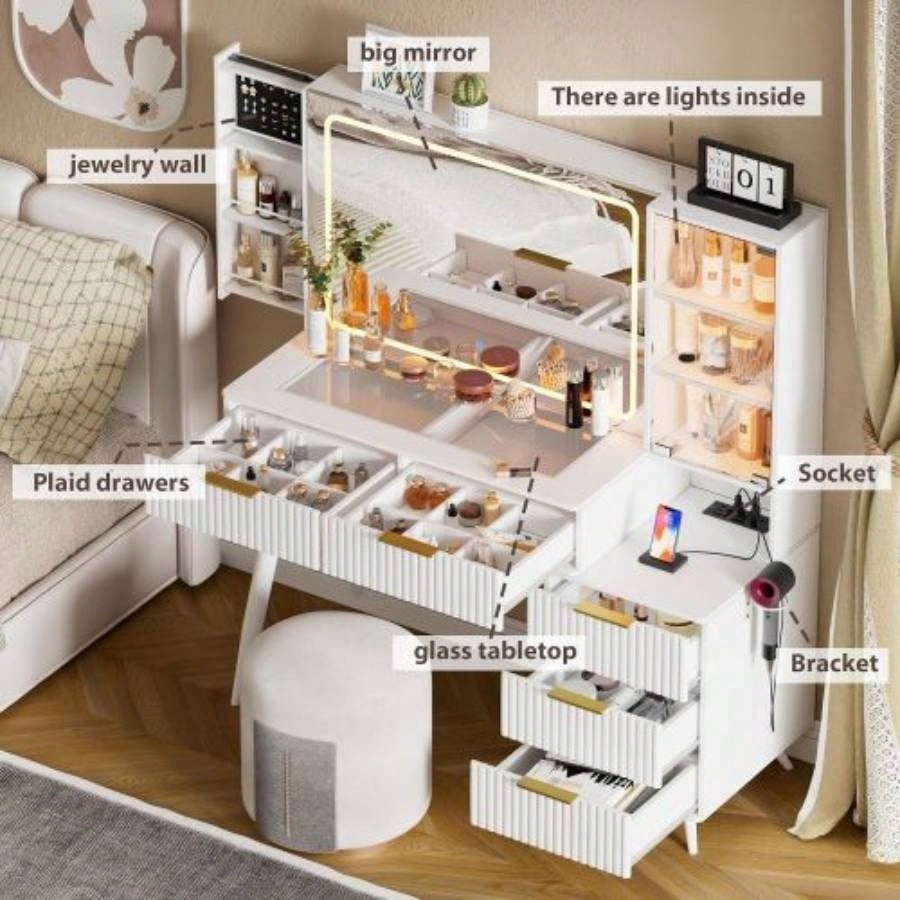 Vanity Desk with with Mirror and Lights, Makeup Vanity Table with Glass Top and DrawersCushioned Stool, Dressing Table with Drawers, Bedroom Makeup Table Women White - Glass top