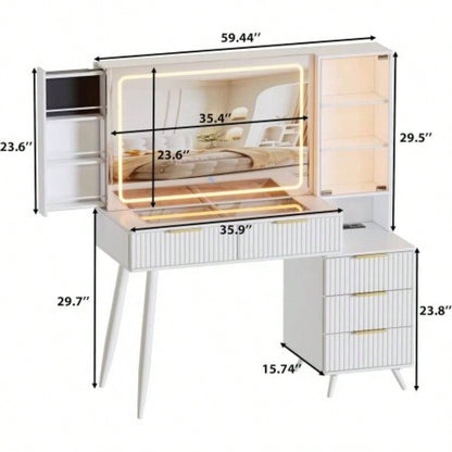 Vanity Desk with with Mirror and Lights, Makeup Vanity Table with Glass Top and DrawersCushioned Stool, Dressing Table with Drawers, Bedroom Makeup Table Women White - Glass top