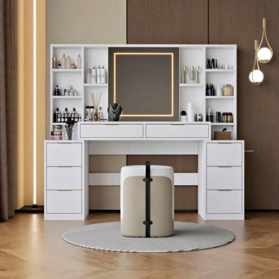Makeup Vanity Desk with Mirror and Lights, 59 Large Vanity Table with 8Drawers Open Storage Shelves, Brightness Adjustable, Dressing Table Bedroom, Women Girl