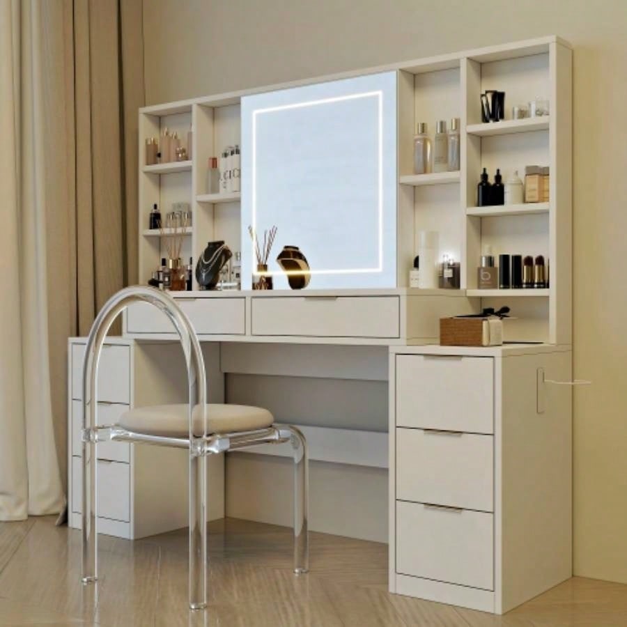 Makeup Vanity Desk with Mirror and Lights, 59 Large Vanity Table with 8Drawers Open Storage Shelves, Brightness Adjustable, Dressing Table Bedroom, Women Girl