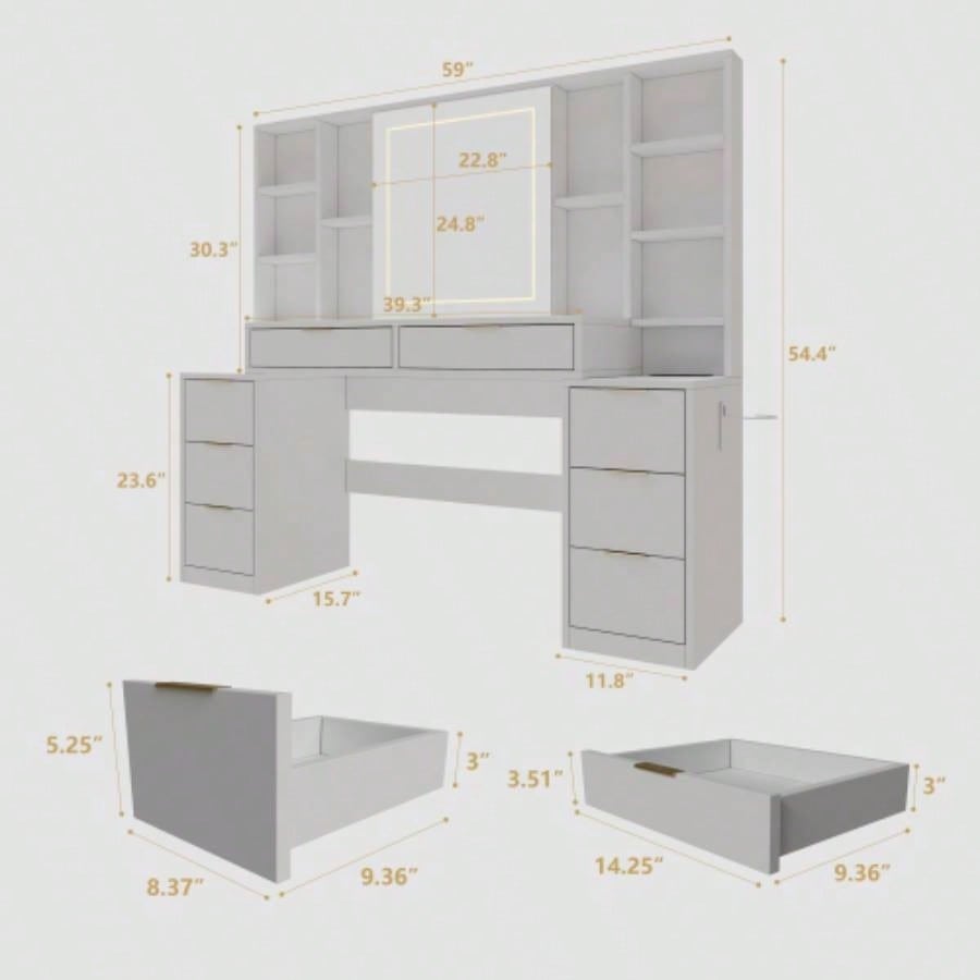 Makeup Vanity Desk with Mirror and Lights, 59 Large Vanity Table with 8Drawers Open Storage Shelves, Brightness Adjustable, Dressing Table Bedroom, Women Girl