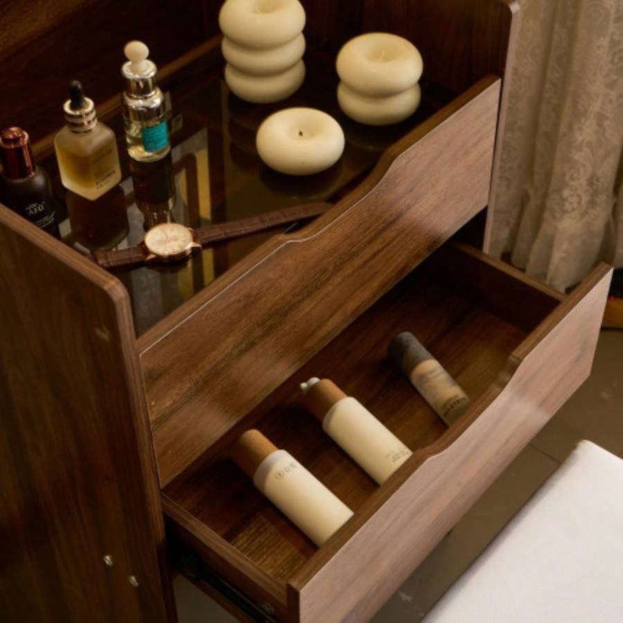 3 in 1 Vanity Desk with Flip Top Mirror, Small Make Up Vanity Set with Visible Glass Desktop, Compact Makeup Vanity with 3 Drawers, Cushioned, Dressing Table Bedroom