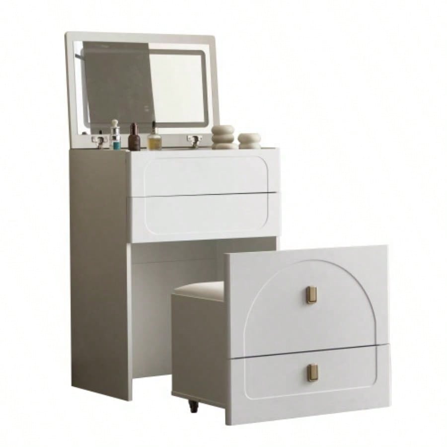3 in 1 Vanity Desk, Flip Top Vanity Set with Mirror and 3 Drawer, Small Makeup Vanity Table with Cushioned Stool, Compact Dressing Table Bedroom, White