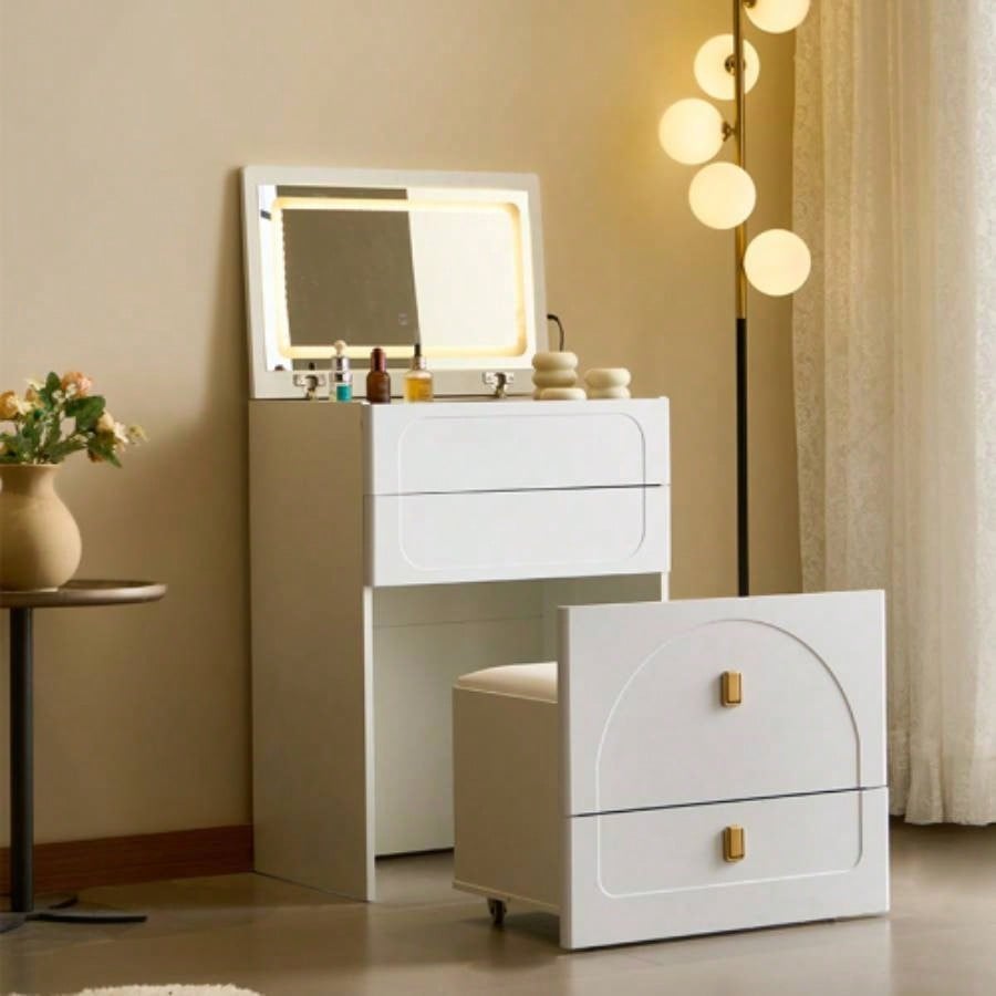 3 in 1 Vanity Desk, Flip Top Vanity Set with Mirror and 3 Drawer, Small Makeup Vanity Table with Cushioned Stool, Compact Dressing Table Bedroom, White