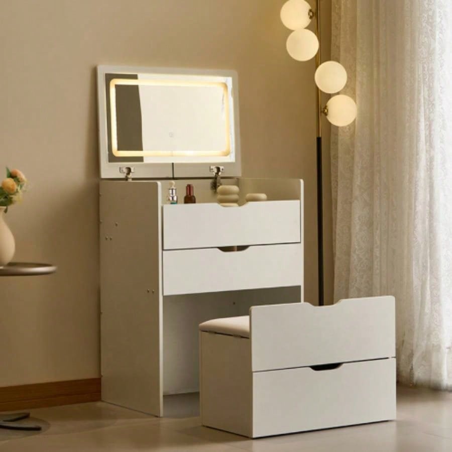 3 - in - 1 Vanity Desk with Mirror And Lights, Small Vanity Desk Set with Visible Glass Tabletop, 3 Drawers, Storage, 3 - color Lighting Mirror, Suitable Bedroom Small Vanity Desk