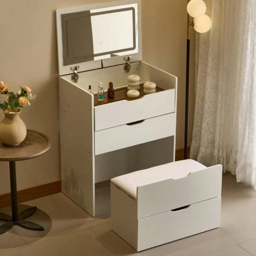 3 - in - 1 Vanity Desk with Mirror And Lights, Small Vanity Desk Set with Visible Glass Tabletop, 3 Drawers, Storage, 3 - color Lighting Mirror, Suitable Bedroom Small Vanity Desk