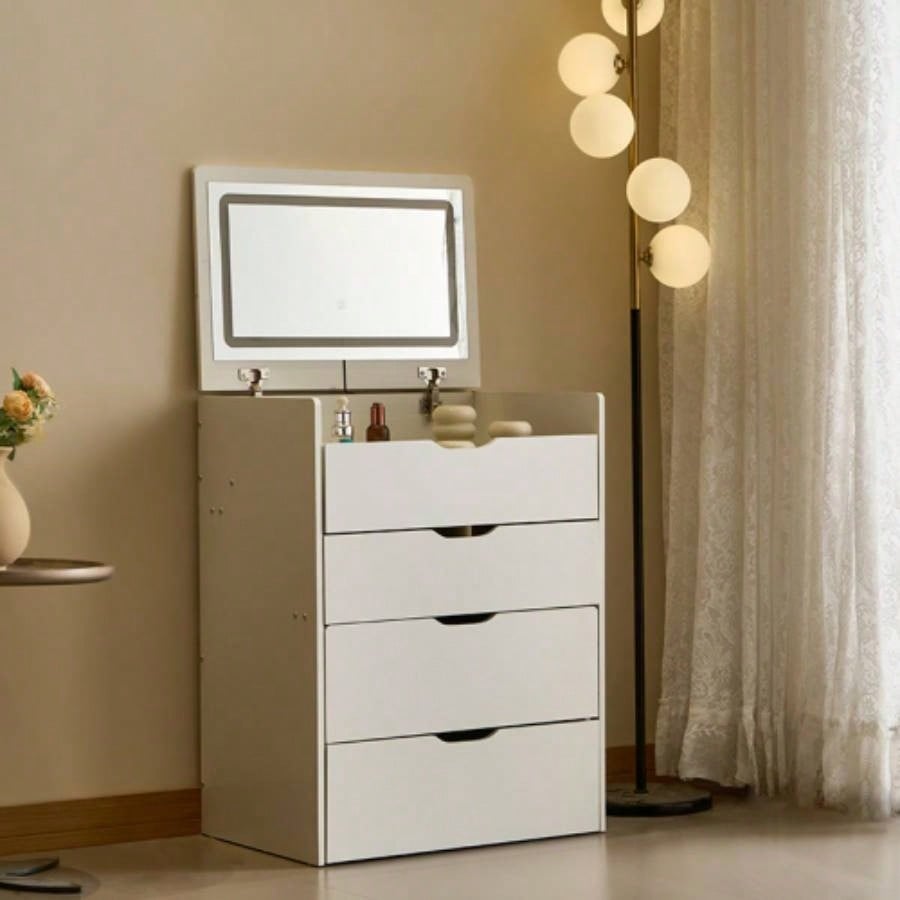 3 - in - 1 Vanity Desk with Mirror And Lights, Small Vanity Desk Set with Visible Glass Tabletop, 3 Drawers, Storage, 3 - color Lighting Mirror, Suitable Bedroom Small Vanity Desk