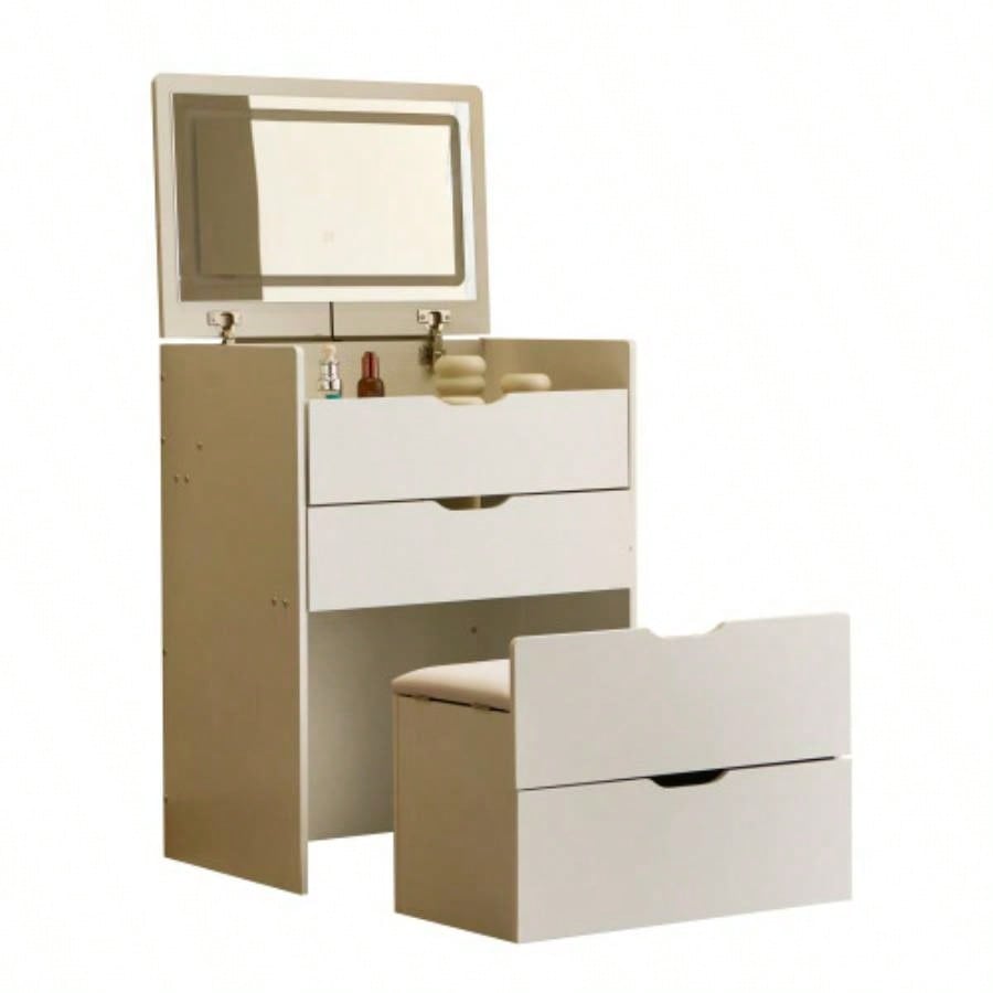 3 - in - 1 Vanity Desk with Mirror And Lights, Small Vanity Desk Set with Visible Glass Tabletop, 3 Drawers, Storage, 3 - color Lighting Mirror, Suitable Bedroom Small Vanity Desk