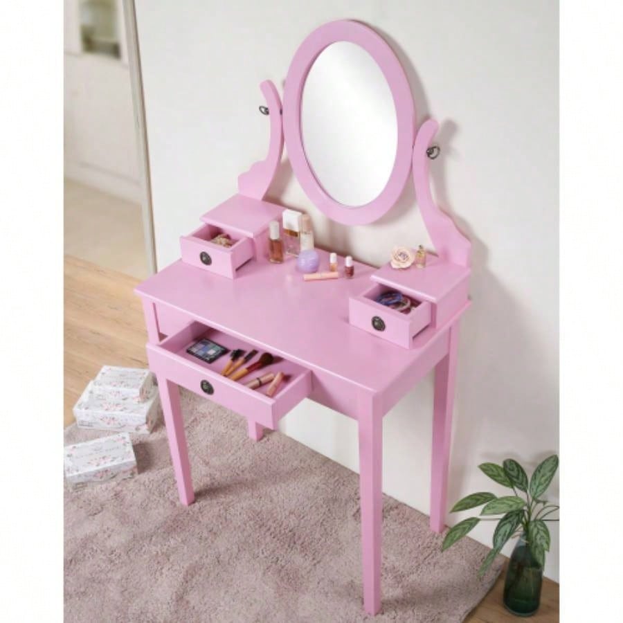 Moniys Wood Moniya Makeup Vanity Table and Stool Set, Pink