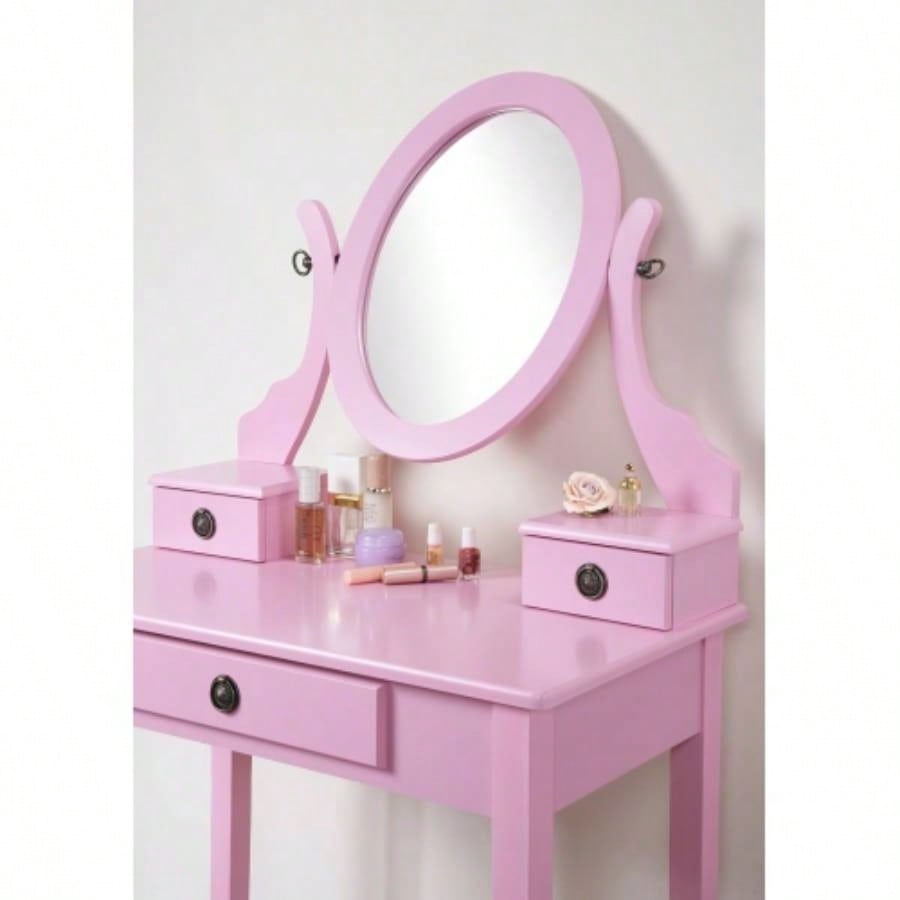 Moniys Wood Moniya Makeup Vanity Table and Stool Set, Pink