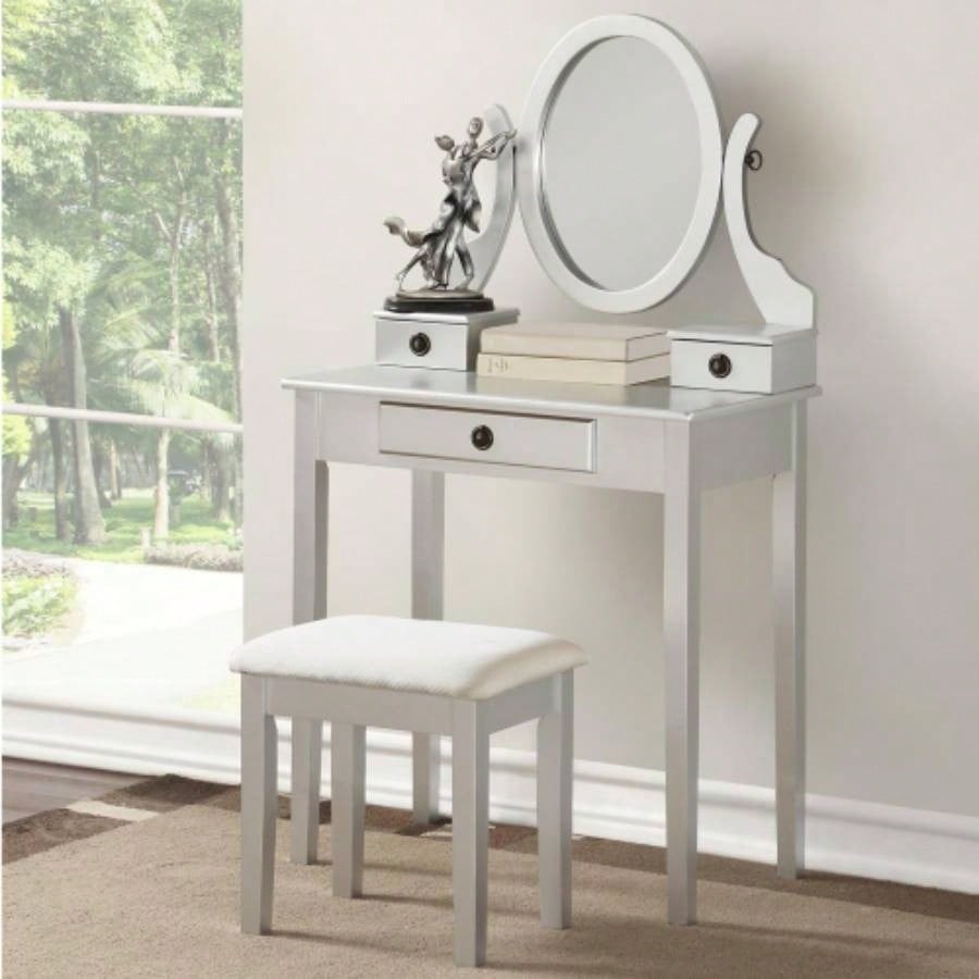 Moniys Wood Moniya Makeup Vanity Table and Stool Set, Pink
