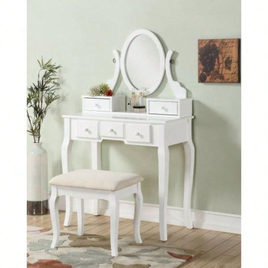 Wood Make - Up Vanity Table and Stool Set, White