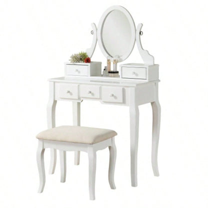 Wood Make - Up Vanity Table and Stool Set, White