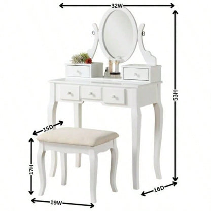 Wood Make - Up Vanity Table and Stool Set, White