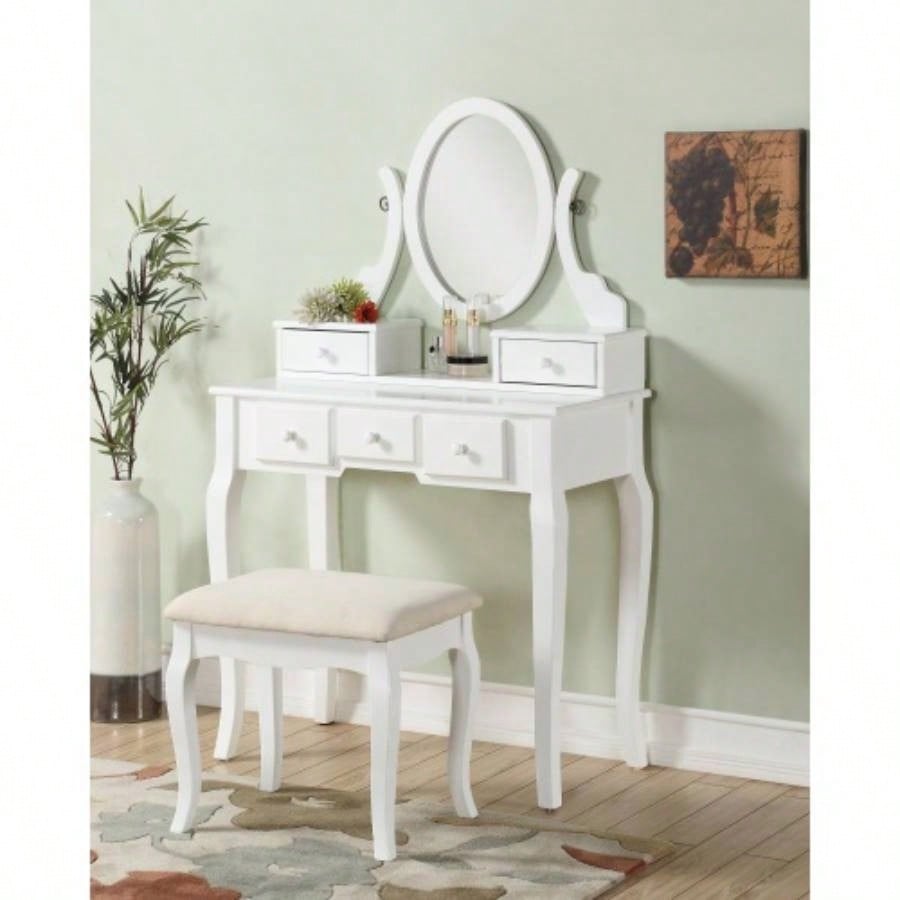 Wood Make - Up Vanity Table and Stool Set, White