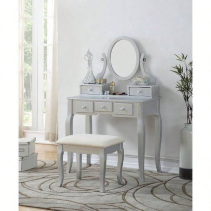 Wood Make - Up Vanity Table and Stool Set, White