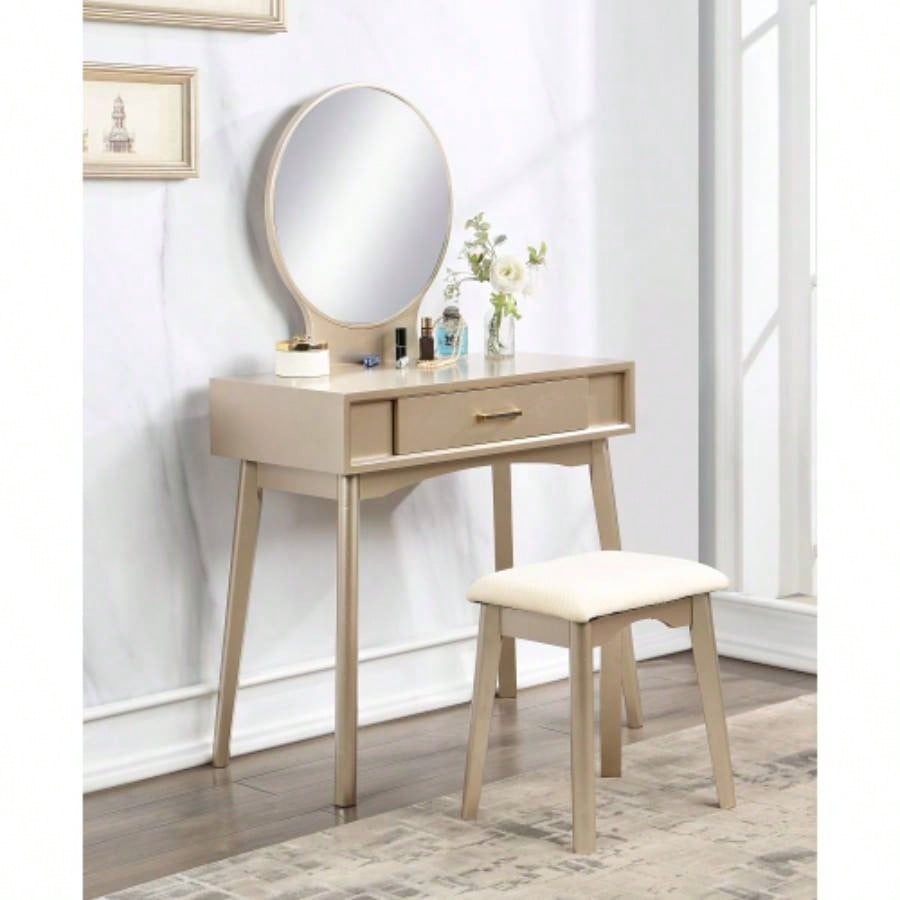 Maly Contemporary Wood Vanity and Stool Set, White