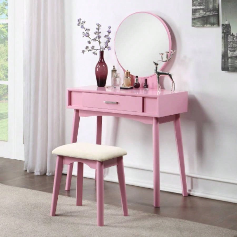 Maly Contemporary Wood Vanity and Stool Set, White