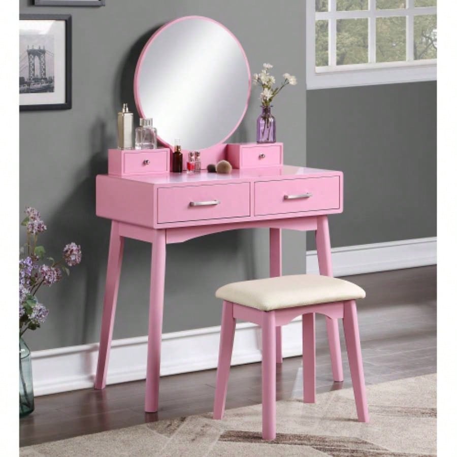 Liannon Contemporary Wood Vanity and Stool Set, Pink