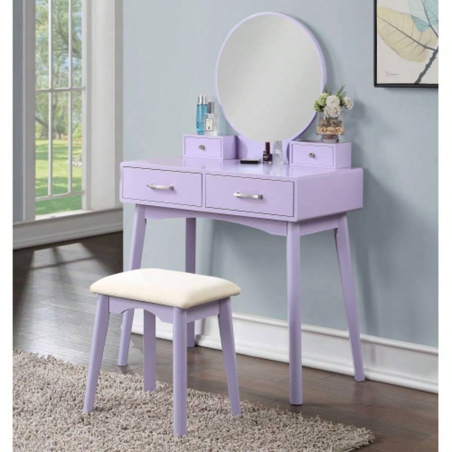 Liannon Contemporary Wood Vanity and Stool Set, Pink