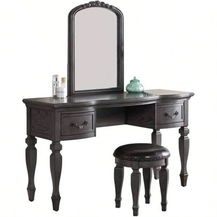 Bedroom Classic Vanity Set Wooden Carved Mirror Stool Drawers Antique