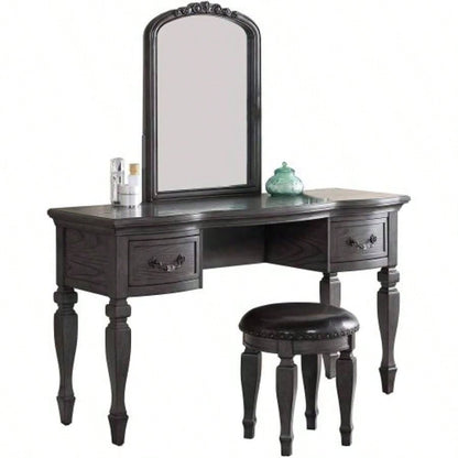 Bedroom Classic Vanity Set Wooden Carved Mirror Stool Drawers Antique