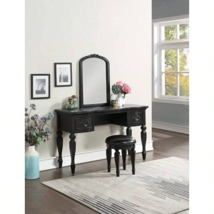 Bedroom Classic Vanity Set Wooden Carved Mirror Stool Drawers Antique