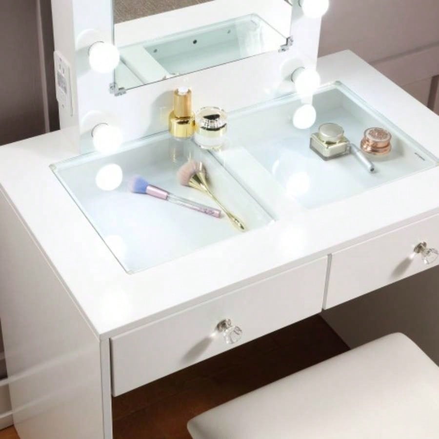 White Makeup Vanity and Stool Set with 10 Lights and USB Port and Power Outlet, 2x Drawers Luxurious Style Furniture