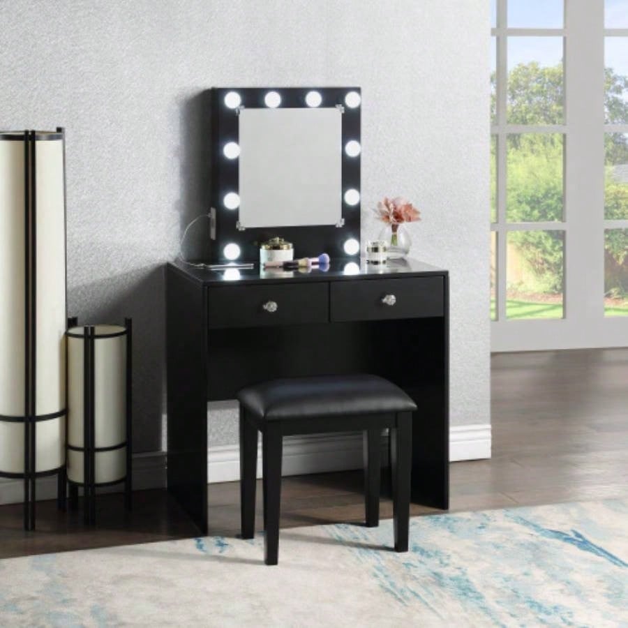 White Makeup Vanity and Stool Set with 10 Lights and USB Port and Power Outlet, 2x Drawers Luxurious Style Furniture