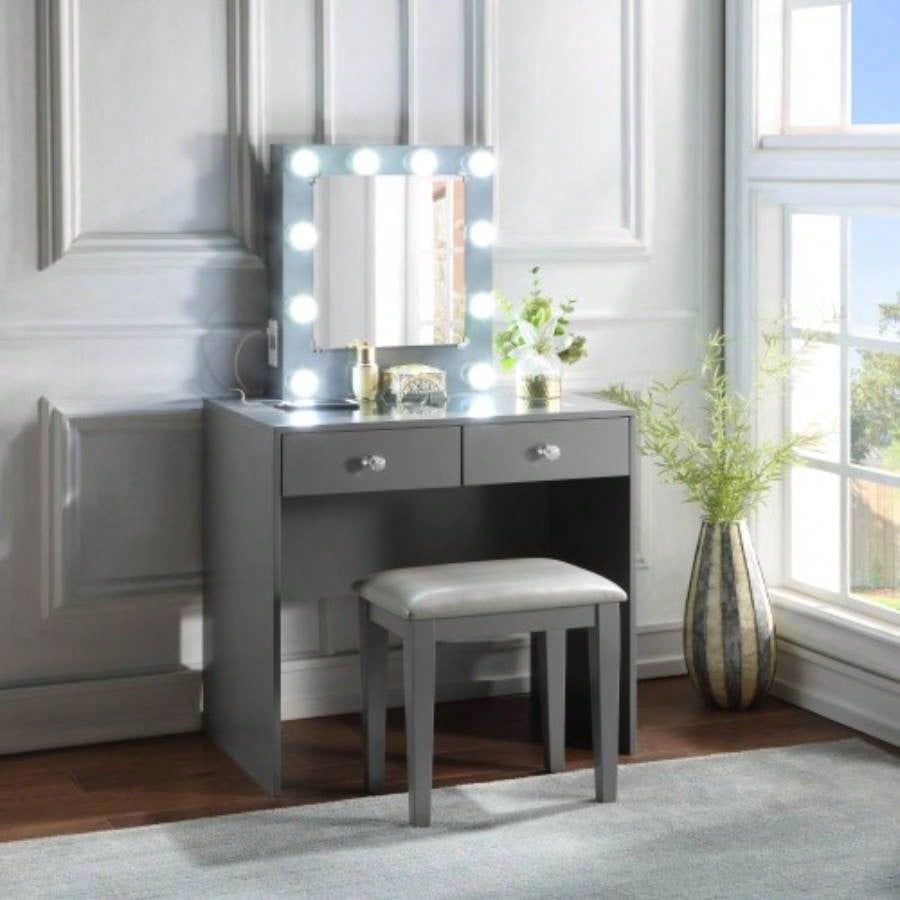 White Makeup Vanity and Stool Set with 10 Lights and USB Port and Power Outlet, 2x Drawers Luxurious Style Furniture