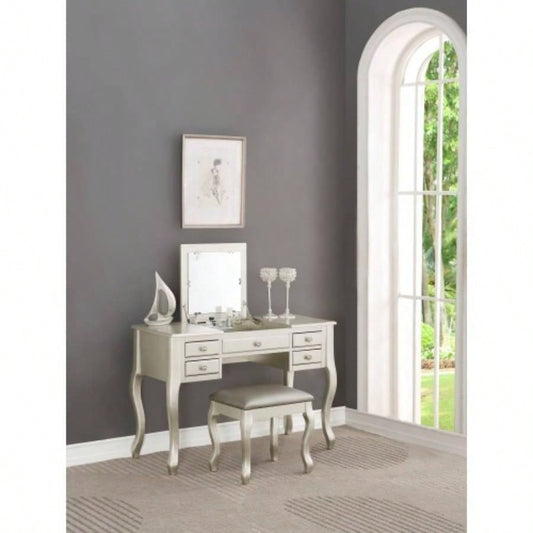 Classic Vanity Set Stool Silver Color Drawers Open - up Mirror Bedroom Furniture Unique Cushion Stool Vanity