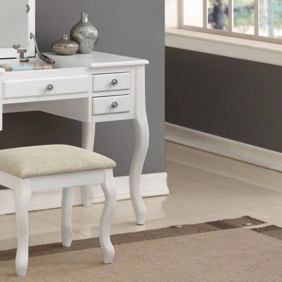 Classic 1pc Vanity Set Stool White Color Drawers Open - up Mirror Bedroom Furniture Unique Cushion Stool Vanity