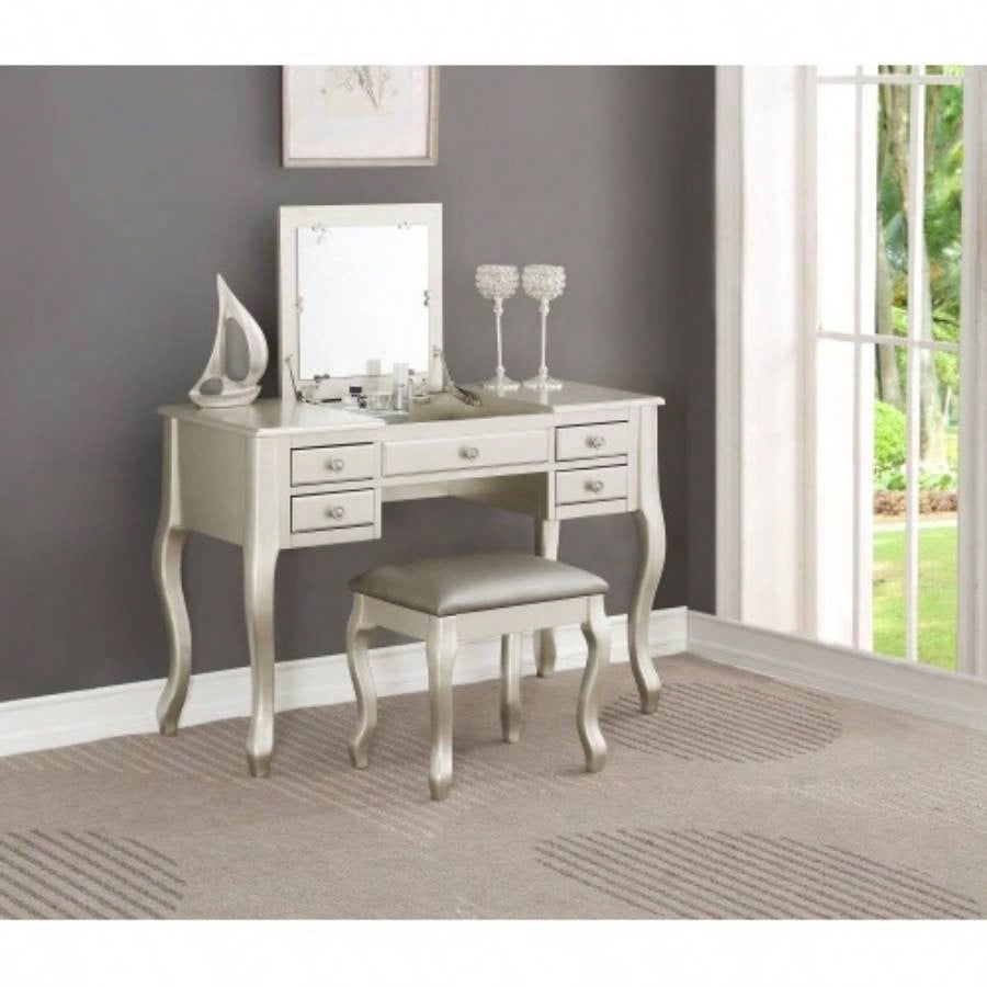 Classic Vanity Set Stool Silver Color Drawers Open - up Mirror Bedroom Furniture Unique Cushion Stool Vanity