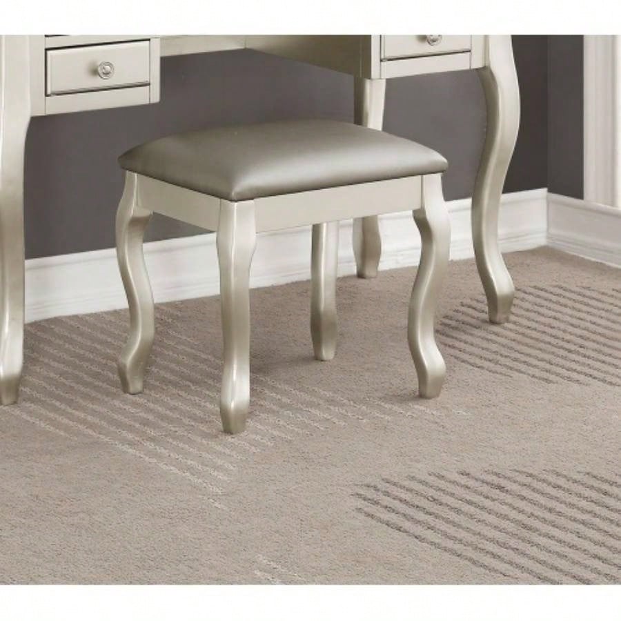 Classic Vanity Set Stool Silver Color Drawers Open - up Mirror Bedroom Furniture Unique Cushion Stool Vanity