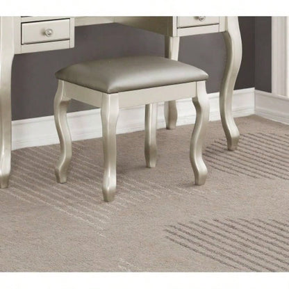 Classic Vanity Set Stool Silver Color Drawers Open - up Mirror Bedroom Furniture Unique Cushion Stool Vanity