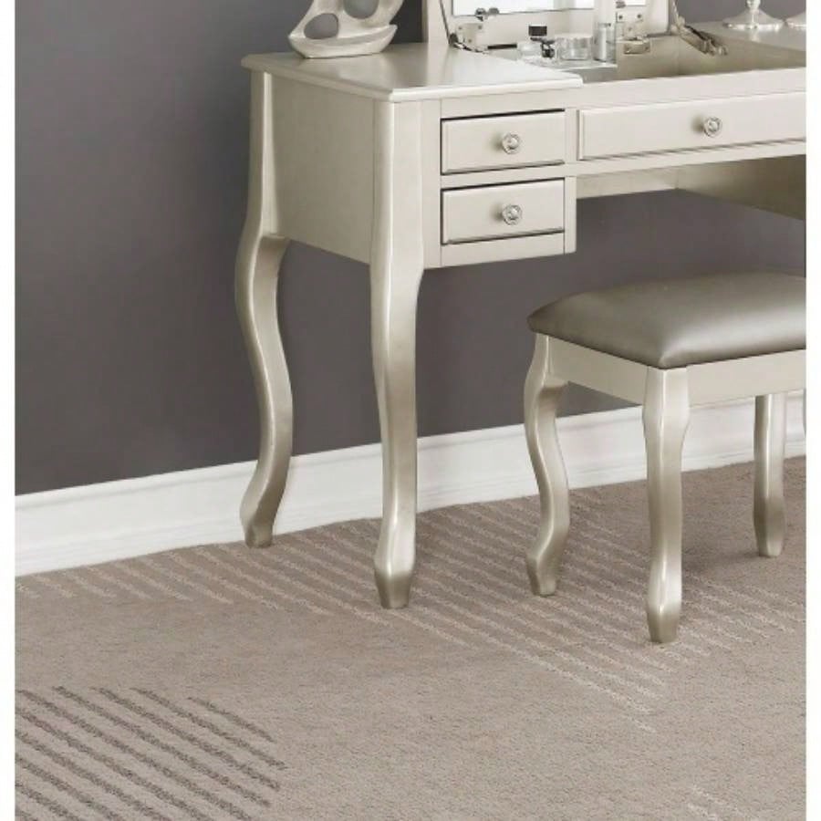 Classic Vanity Set Stool Silver Color Drawers Open - up Mirror Bedroom Furniture Unique Cushion Stool Vanity
