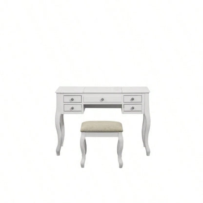 Classic 1pc Vanity Set Stool White Color Drawers Open - up Mirror Bedroom Furniture Unique Cushion Stool Vanity