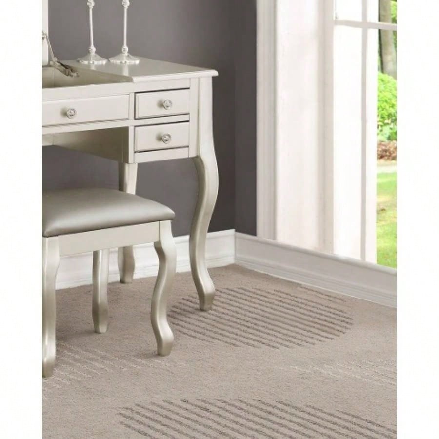 Classic Vanity Set Stool Silver Color Drawers Open - up Mirror Bedroom Furniture Unique Cushion Stool Vanity