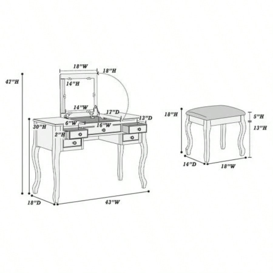Classic 1pc Vanity Set Stool White Color Drawers Open - up Mirror Bedroom Furniture Unique Cushion Stool Vanity