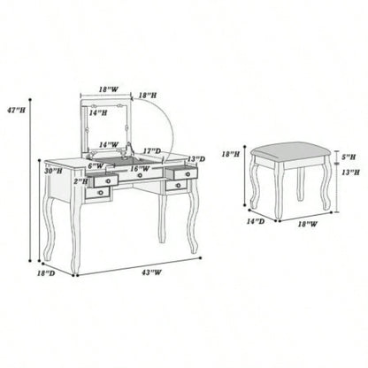 Classic 1pc Vanity Set Stool White Color Drawers Open - up Mirror Bedroom Furniture Unique Cushion Stool Vanity