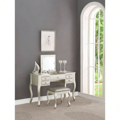 Classic Vanity Set Stool Silver Color Drawers Open - up Mirror Bedroom Furniture Unique Cushion Stool Vanity