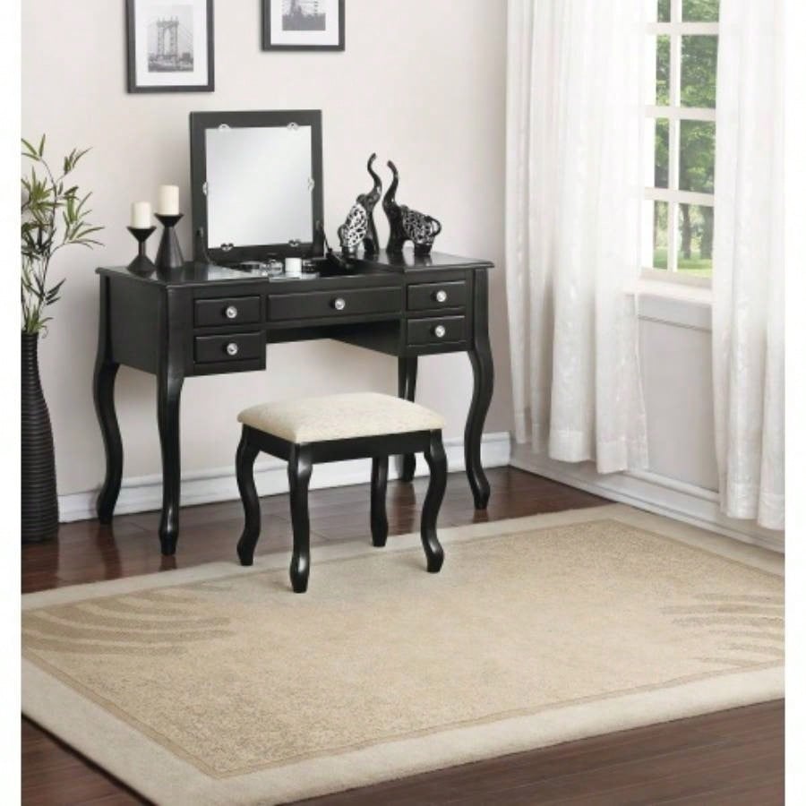 Classic Vanity Set Stool Silver Color Drawers Open - up Mirror Bedroom Furniture Unique Cushion Stool Vanity