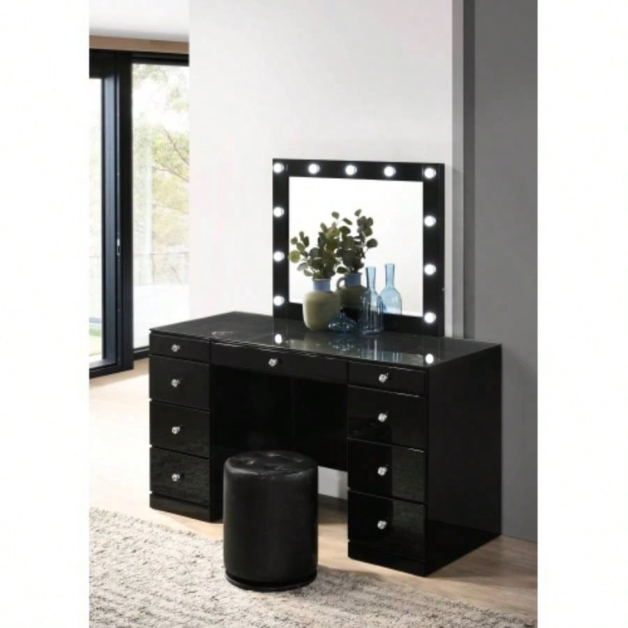 3pc Makeup Vanity Set LED Lighted Mirror Glass Top 9 Drawers Knobs Round Stool Wooden Bedroom Furniture Black