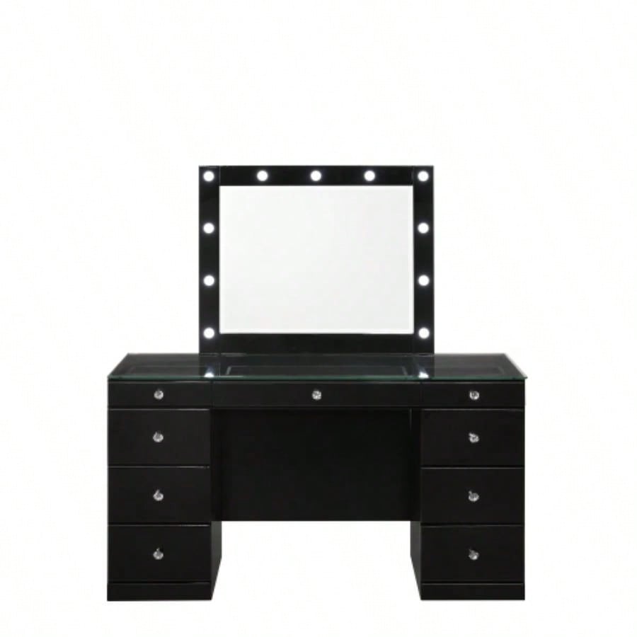 3pc Makeup Vanity Set LED Lighted Mirror Glass Top 9 Drawers Knobs Round Stool Wooden Bedroom Furniture Black