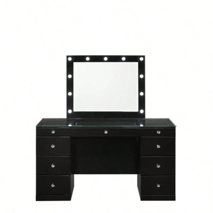3pc Makeup Vanity Set LED Lighted Mirror Glass Top 9 Drawers Knobs Round Stool Wooden Bedroom Furniture Black