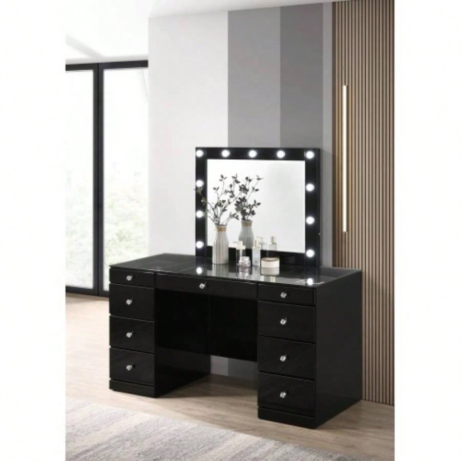 3pc Makeup Vanity Set LED Lighted Mirror Glass Top 9 Drawers Knobs Round Stool Wooden Bedroom Furniture Black