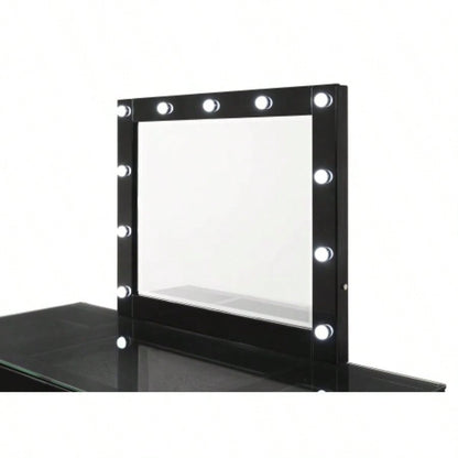 3pc Makeup Vanity Set LED Lighted Mirror Glass Top 9 Drawers Knobs Round Stool Wooden Bedroom Furniture Black